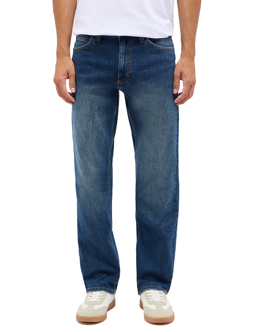 Straight-Jeans MUSTANG "Herren Style Tramper Straight", Herren, Gr. 30, Länge 30, blau (771 mittelblau), 99% Baumwolle, 1% Elasthan, unifarben, straight fit, Jeans Straight-Jeans