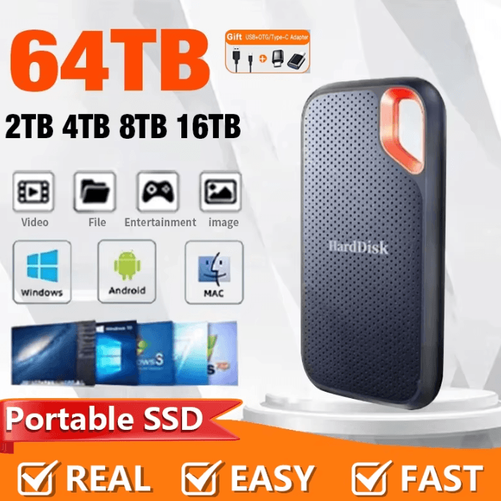 High Speed Portable SSD 128TB 256TB External USB C Storage Drive For Laptop And PC 1tb