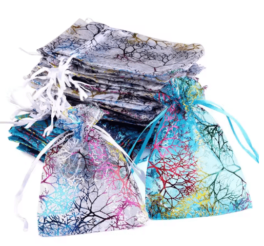 Organza Gift Bags With Drawstring Colorful Tree Print Jewelry & Party Packaging (100pcs) purple 7x9cm 100 Pcs