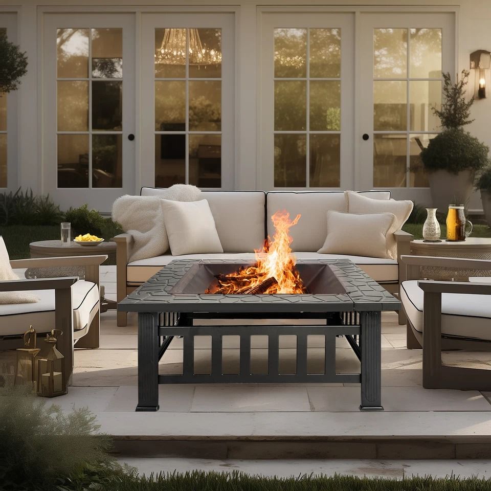 Square Fire Pit Wood Burning, Backyard Patio Stove Heater, Fire Pit Fireplace, Outdoor Charcoal Grill With Mesh Lid Square Fire Pit Wood Burning, Backyard Patio Stove Heater, Fire Pit Fireplace, Outdoor Charcoal Grill With Mesh Lid