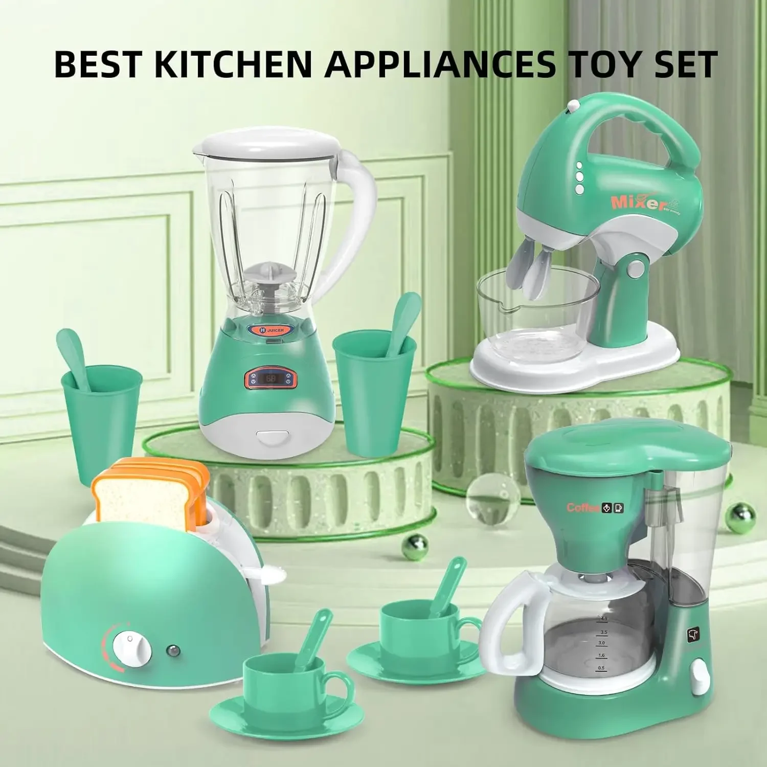 Kids Kitchen Playset With Sound & Light, Coffee Maker, Toaster, Blender, Mixer, Pretend Play Appliance Set oven