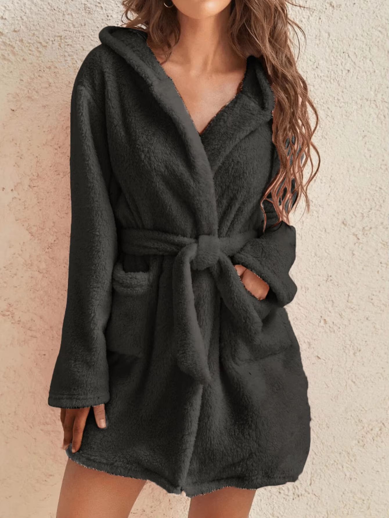 Women's Cozy Hooded Fleece Robe With Belt For Autumn Winter Loungewear white us 1416