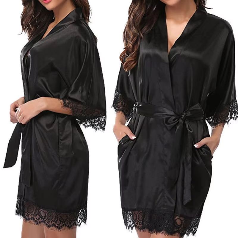 Glossy Ice Silk Nightgown Robe For Women Plus Size Comfort Sleepwear black 2xl