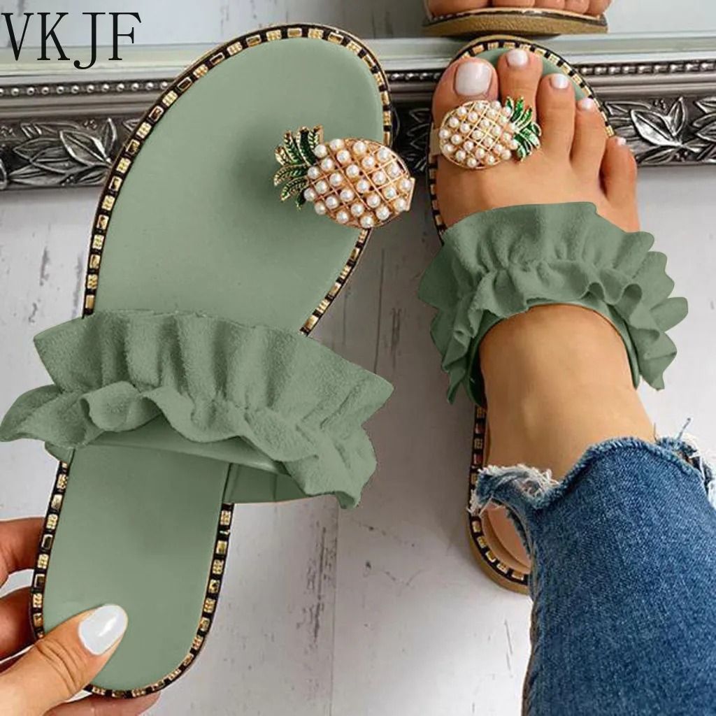 Bohemian Pineapple Pearl Flat Sandals | Summer Beach Slipper green 6
