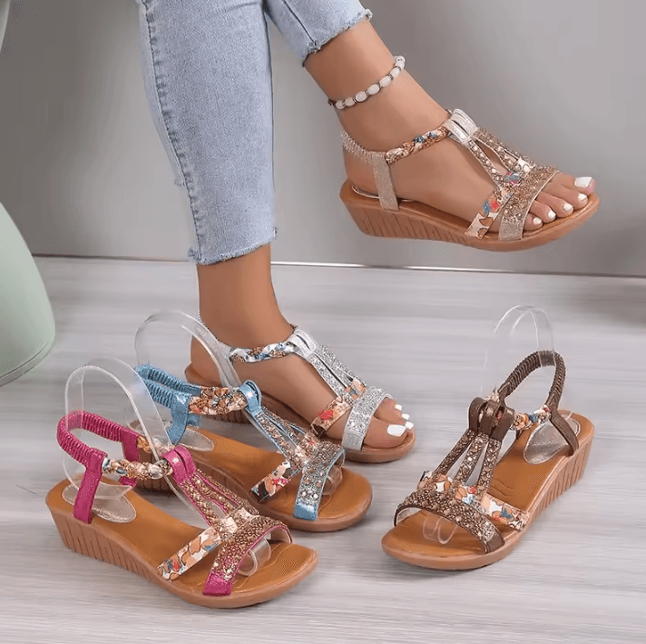 Womens Wedge Sandals Summer Bohemia Rhinestones Casual Platform Beach Shoes (Sizes 34 43) sky Blue 36
