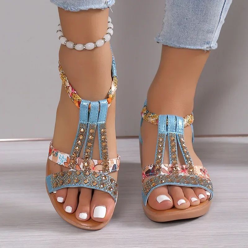 Bohemian Wedge Sandals For Women Summer Wedge Sandals With Rhinestone Detail & Platform Comfort black 36 (us 6)