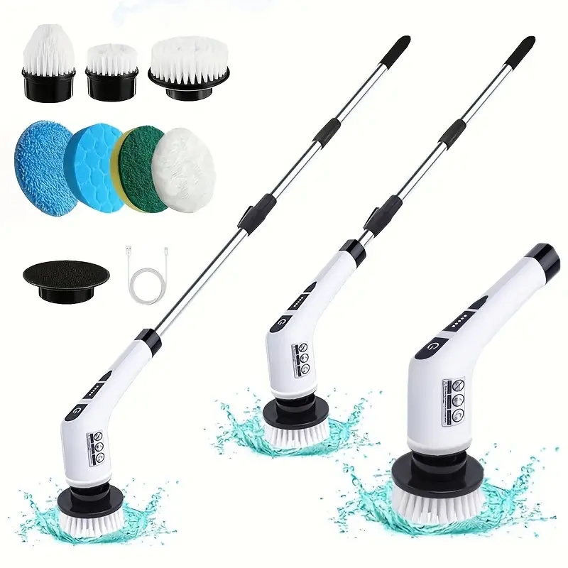 Electric Cleaning Brush, Cordless Rotating Scrubber With Brush Heads And Adjustable Extension Handle For Household white