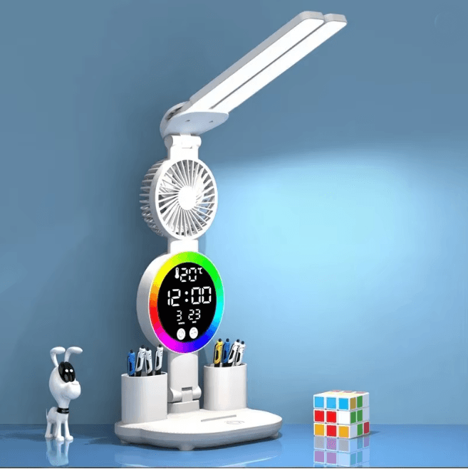 LED Desk Lamp With Fan And Clock Adjustable Reading Light For Study And Night Use a