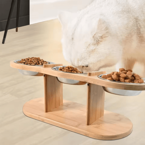 Raised Cat Feeder With 3 Stainless Steel Bowls 15 Ergonomic Wooden Feeding & Watering Station cat Feeder