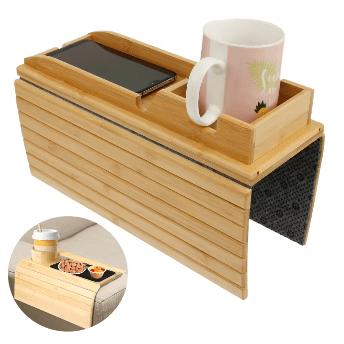 BambooGrip Couch Cup Holder Sofa Armrest Tray Anti Slip Foldable Organizer c