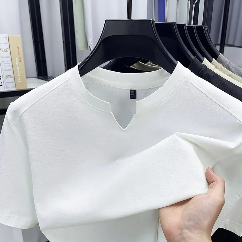 Comfortable Summer Versatile Top Men's Casual Small V neck Solid Color Short Sleeved T shirt khaki xl