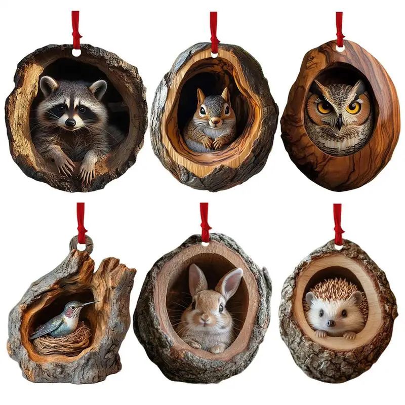 Woodland Animal Acrylic Christmas Ornament 2D Pendant Raccoon, Owl, Squirrel, Bunny & Bird Tree Decor owl