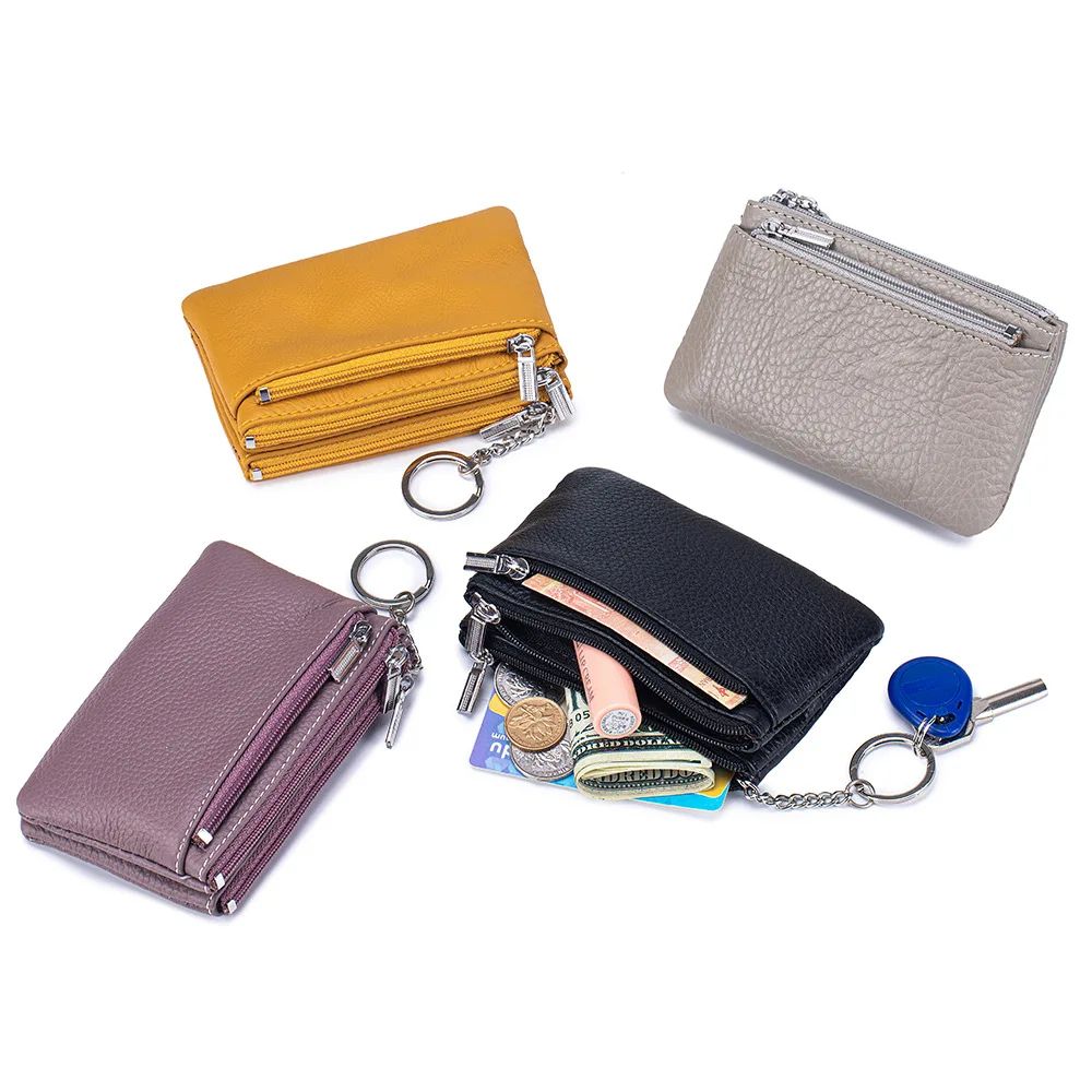 Soft Genuine Leather Zipper Wallet For Women, Large Capacity Coin Purse With Keychain khaki