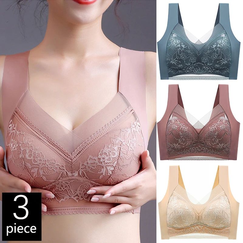 FallSweet Wireless Lace Push Up Bralette Set 3PCS Comfort Fit For Women blue+brown+beige 5xl