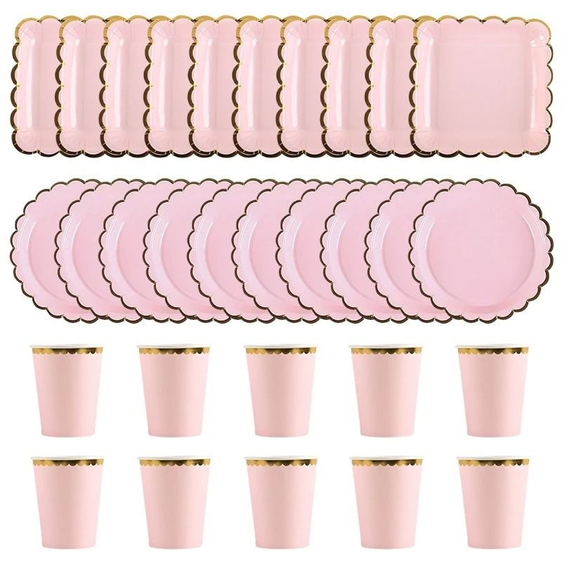 Solid Color Disposable Party Tableware Paper Plates And Cups Set pink Cup 10 Pcs
