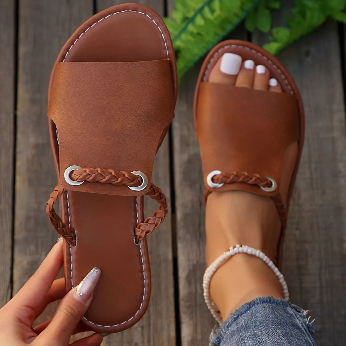 Women Square Toe Cross Strap Flat Sandals Summer Flip Flops Beach Slippers brown 39