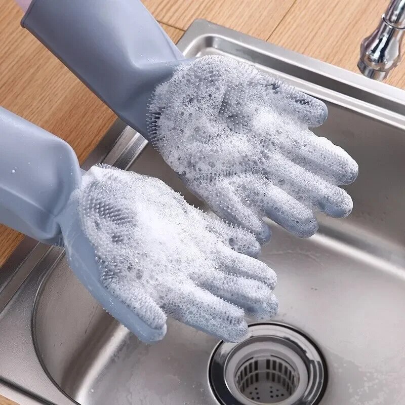 Dishwashing Cleaning Gloves Silicone Rubber For Household Sponge Scrubber Kitchen Tools blue
