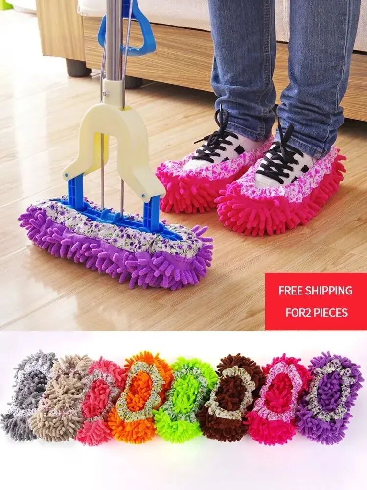 Chenille Mop Slippers 1 Pair Reusable Floor Cleaning Slippers Dust Pickup Shoe Covers green