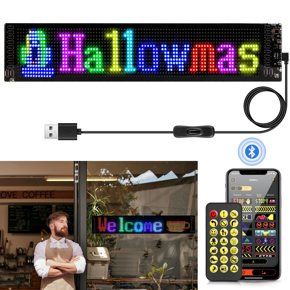 Scrolling Advertising LED Sign Panel, Bluetooth App Control, Customizable Logo Light, Programmable Text, Animation 16x32 Leds 7x17 Cm