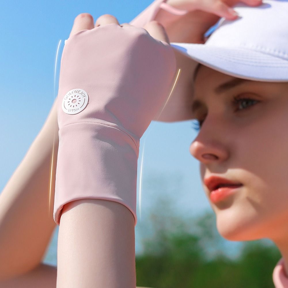 Women Ice Silk Golf Gloves, Elastic Half Finger, UV Protector, Cool Breathable Open Finger Sunscreen Glove white