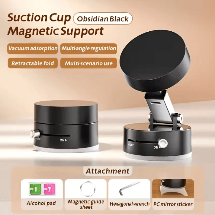 Vacuum Magnetic Phone Holder Foldable & Portable Phone Stand For Car, Home, And Office black