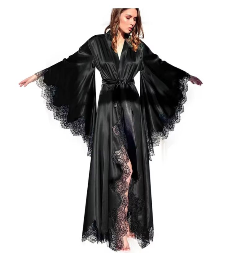 Women's Long Black Silk Satin Lace Trim Kimono Robe For Photo Shoot And Wedding pink l