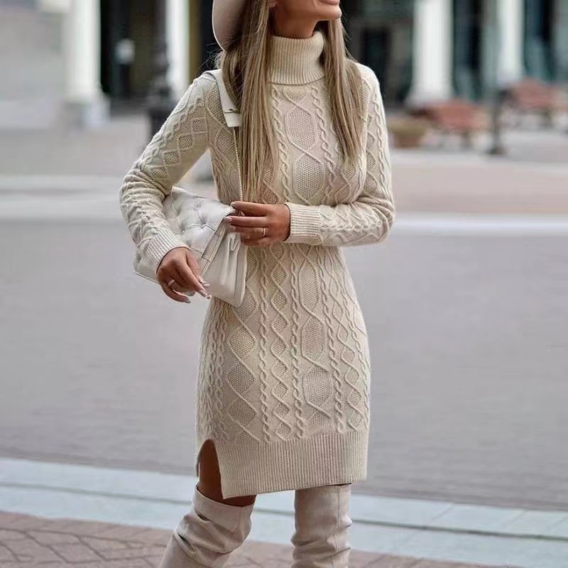 Elegant Winter Knit Sweater Dress With Wrap Hip Skirt And High Neck khaki l