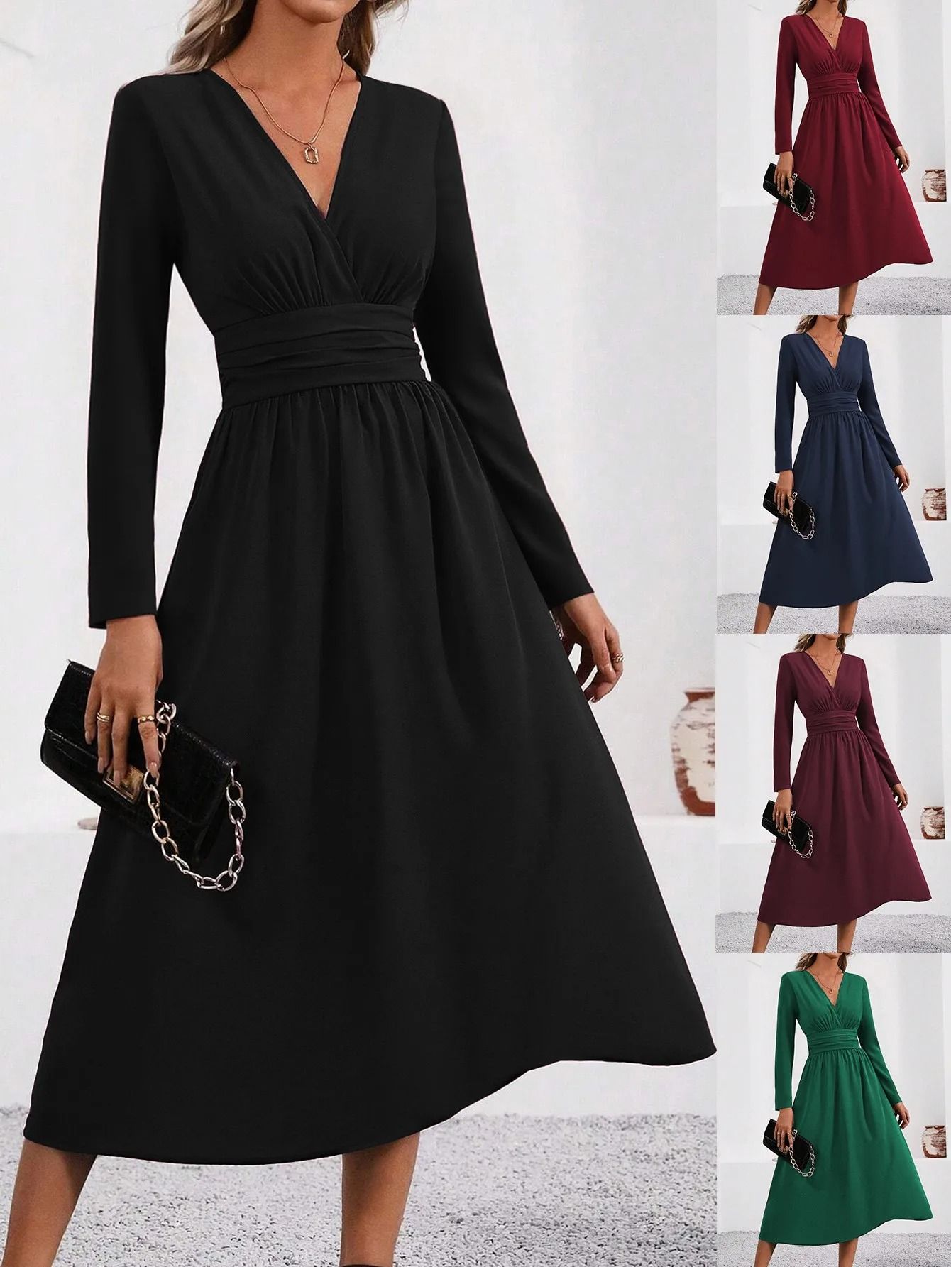 Elegant Overlap V Neck Knit Bodycon Maxi Dress black s