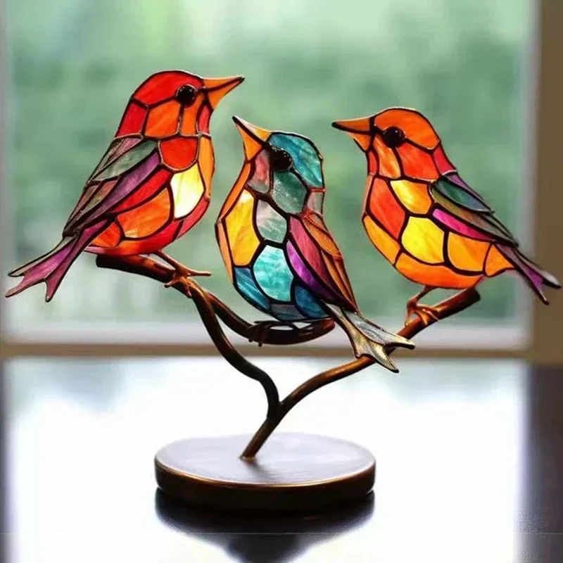 Multicolor Craft Statue Ornaments, Desktop Stained Acrylic Birds, Branch Decoration 3bird