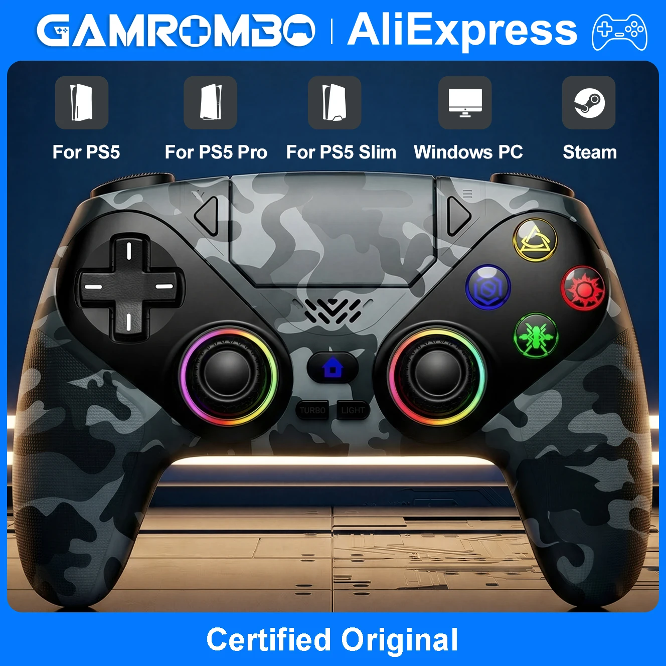 Gamepad For Playstation 5 PS5 Pro/Slim/PC,RGB Wireless Controller 6-Axis Gyro Dual Shock Turbo&Marco Programable Game Controle