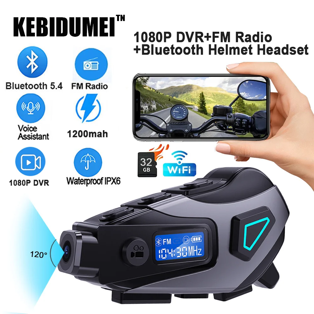 1080P HD Video Dashcam Weitwinkelobjektiv FM + Bluetooth Motorrad Helm Headset Drahtlose Kamera Wasserdichte Motorrad Recorder Image