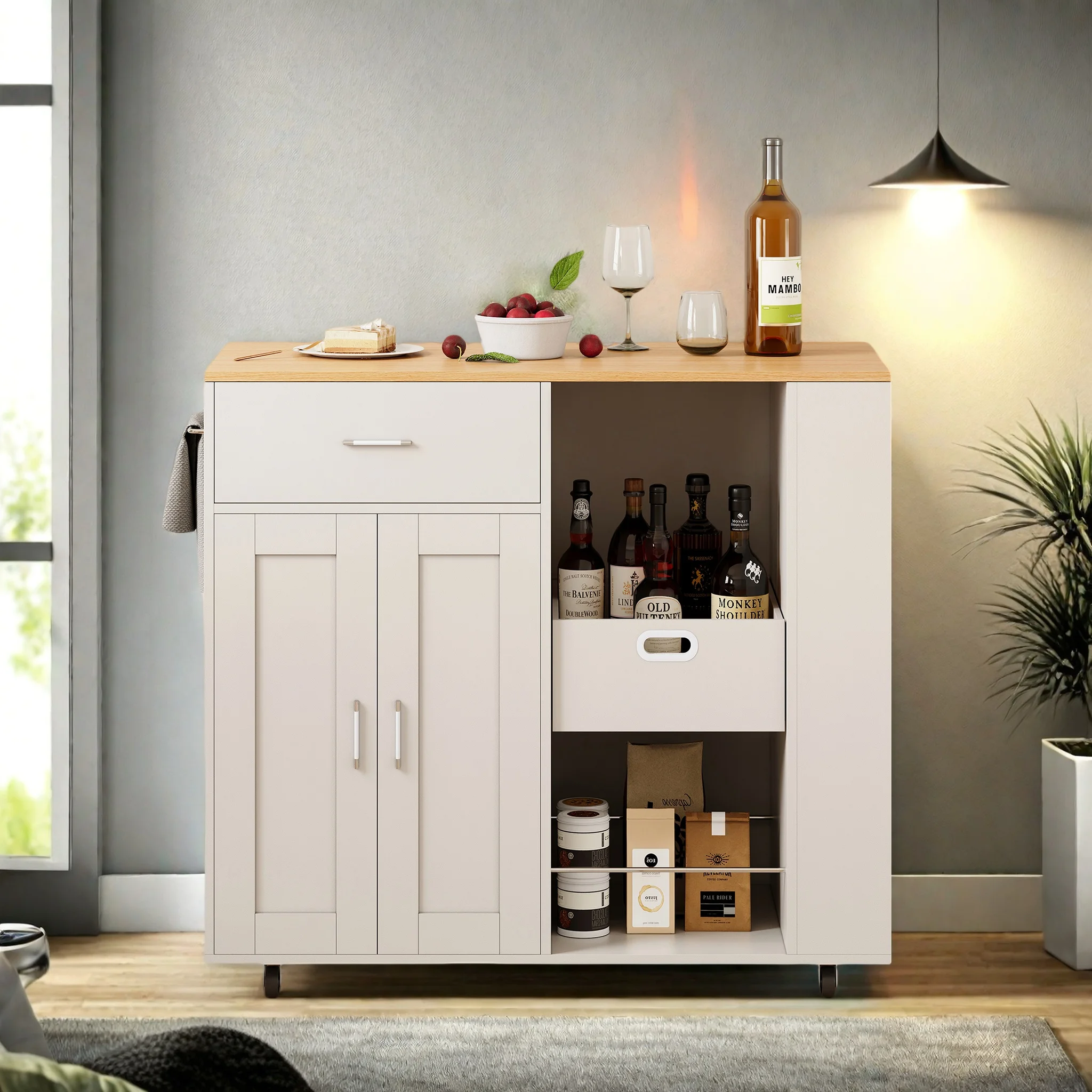 Superaly Küchenschrank, Sideboard für die Küche, mit Rollen, Bewegliche Holz-Kücheninsel, für Küche, Wohnzimmer, Weiß/Schwarz