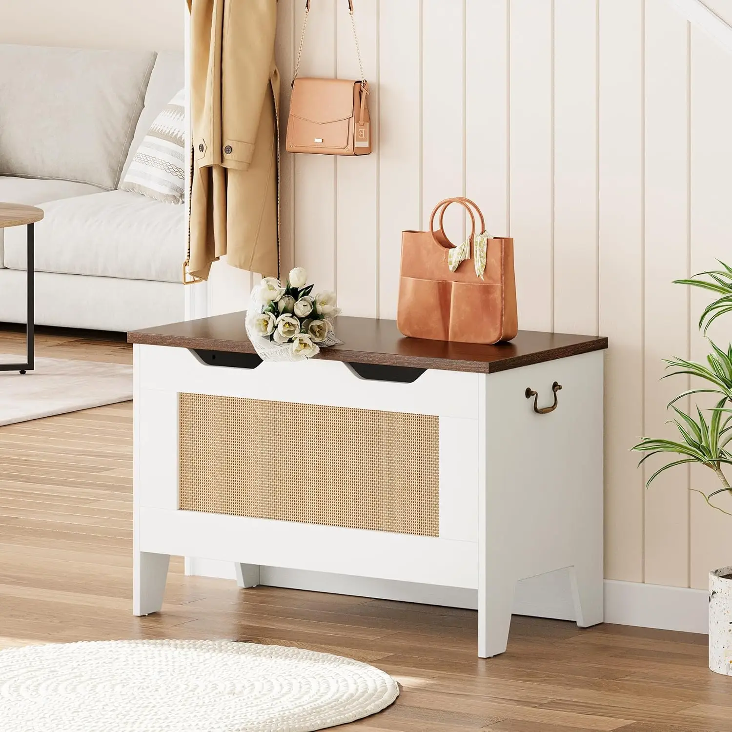 30-Zoll Rattan-Aufbewahrungsbank mit Klappdeckel, Holz-Spielzeugkiste, Organizer für Eingangsbereich, Wohnzimmer, Schlafzimmer
