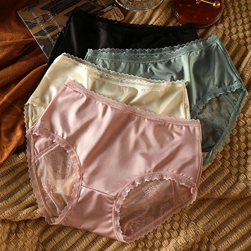 4-teilige sexy seidige Satin-Höschen für Damen, weiche Dessous, Sommer-Unterwäsche, dünne, transparente Spitze Image