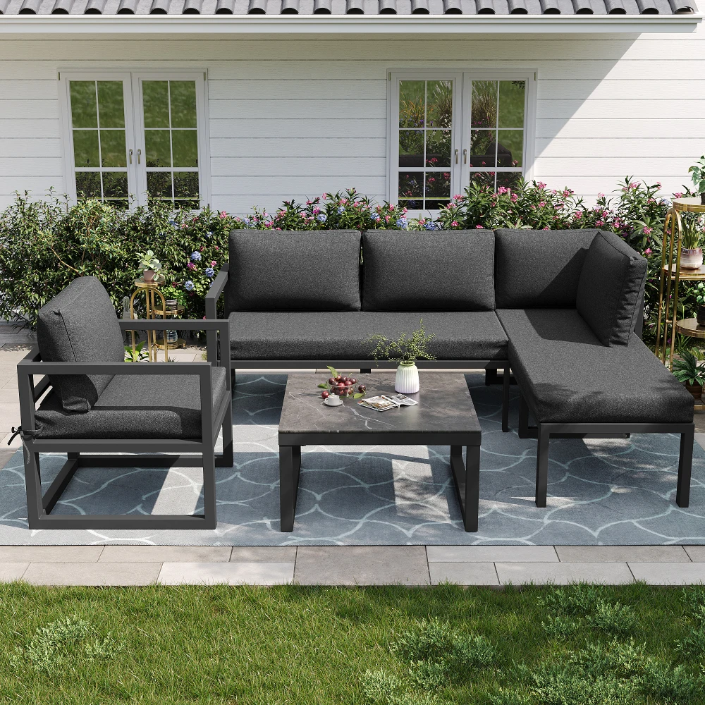 Ensemble de mobilier de jardin en corde, ensemble de salon de jardin, canapé avec structure en fer galvanisé, pieds réglables, avec tous les coussins d'assise et de dossier