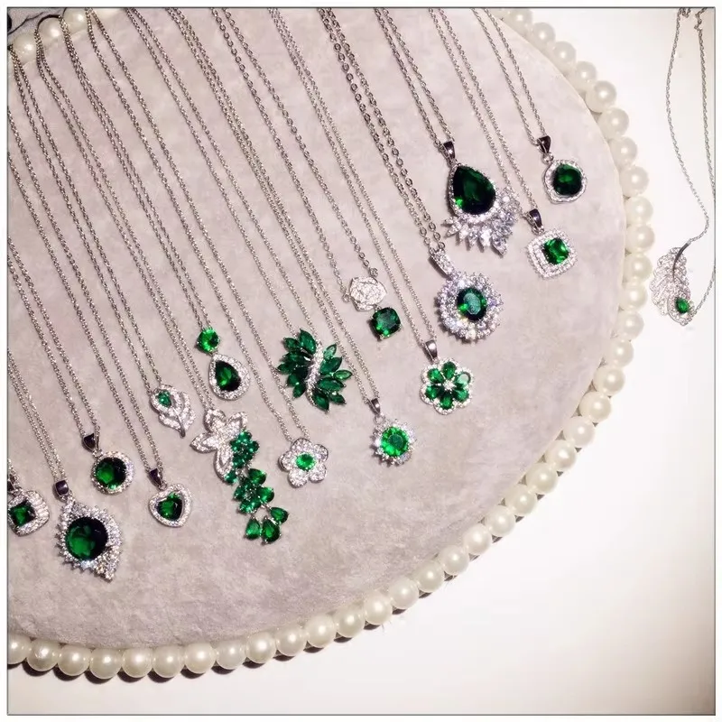 S925 Sterling Halsketten Anhänger Für Frauen Vintage Edlen Schmuck Erstellt Grün Smaragd Zirkonia Halskette Braut Colar
