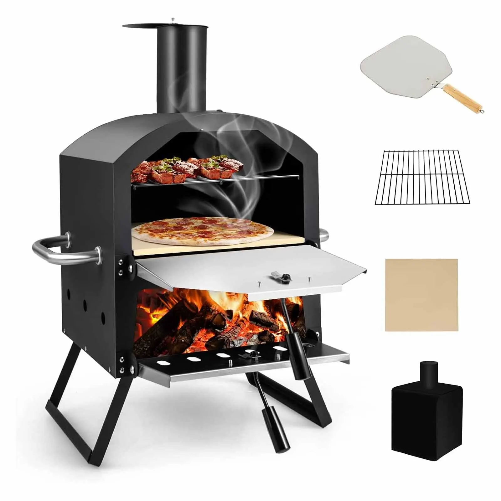 Outdoor-Pizzaofen, 2-Schicht-Pizzaofen mit Grillrost, Pizzastein, Pizzaschaufel, wasserdichter Abdeckung, hitzebeständigen Griffen Image