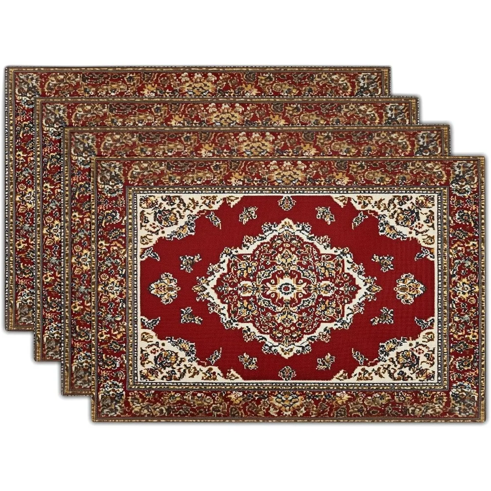 30,5 x 45,7 cm ethnische Boho-Tischsets, 4er-Set, antiker Stammes-Rustikal-Tischsets mit rotem Blumenmuster, Bauernhaus-Teppich, schmutzabweisend, waschbar Image