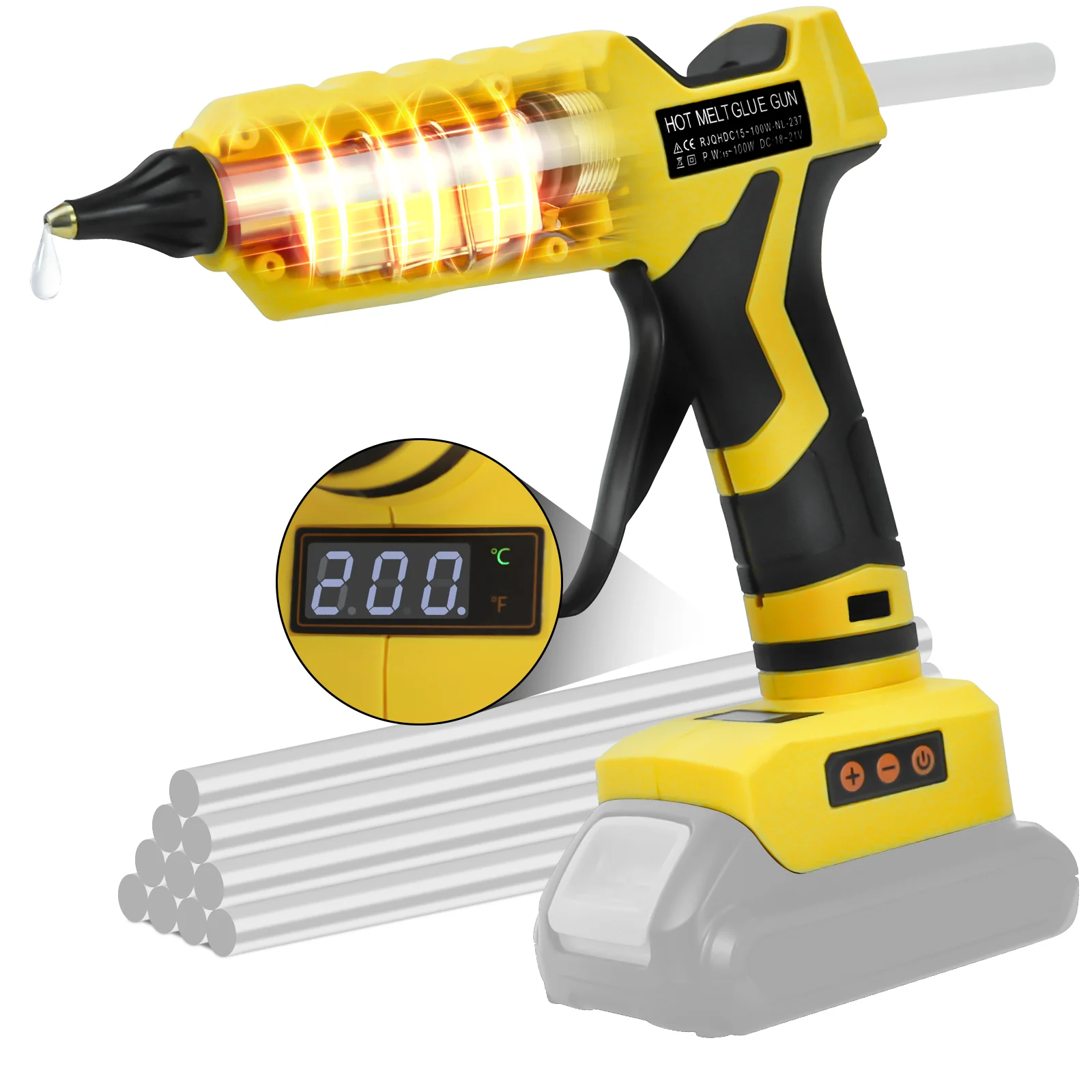 100 W kabellose Heißklebepistole für Dewalt 20 V Akku mit 10 Stück 11 mm Klebestiften 100 ° C-200 ° C Temp Adjust Klebepistole (keine Batterie) Image