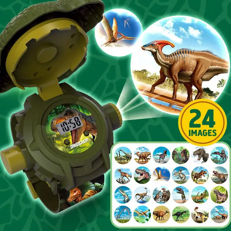 24 prähistorische Dinosaurierbilder, Projektor, Kinderuhren für Jungen, 3D-Dinosaurier-Kinderuhr, Digitaluhr, Studentenspielzeug, Geschenke Image