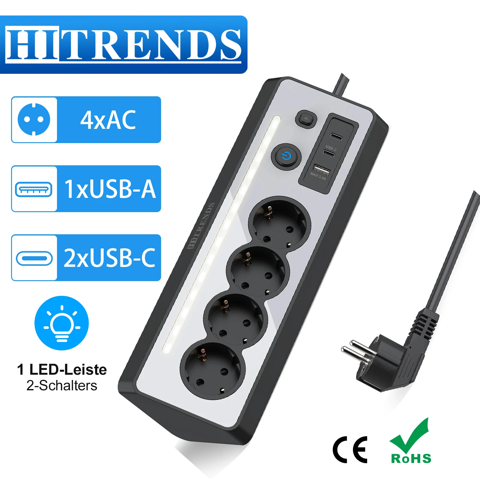Ecksteckdose, EU-Stecker, Steckdosenleiste mit LED-Licht, 1,5 m Kabel, 2 Schalter, mehrere Steckdosen mit USB und 2 Typ-C für das Büro Image