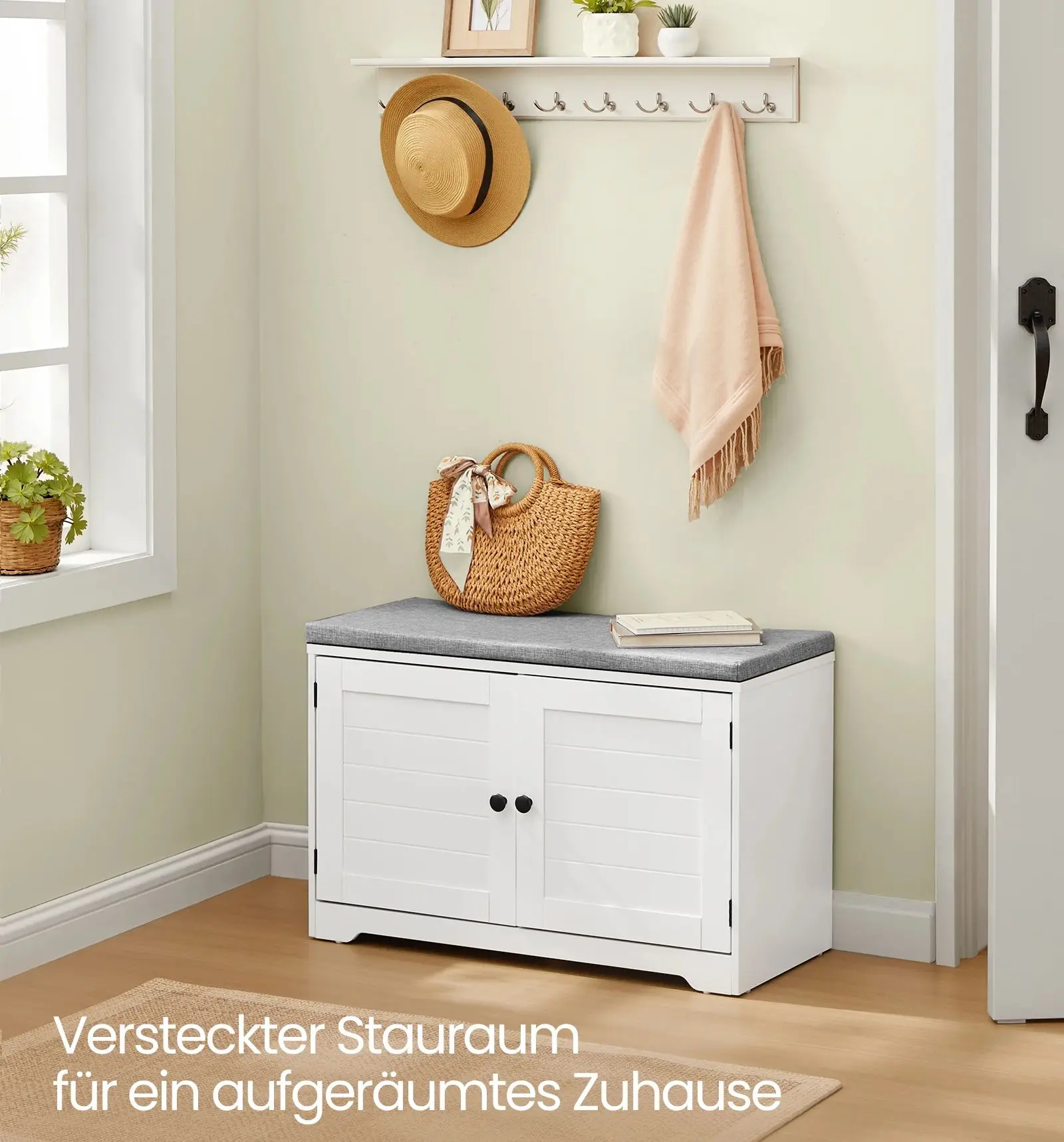 VASAGLE Sitzbank mit Stauraum, 3 Ebenen, Schuhbank mit Sitzkissen, verstellbaren Ablagen, 35,5 x 81 x 52,5 cm, weiß-grau