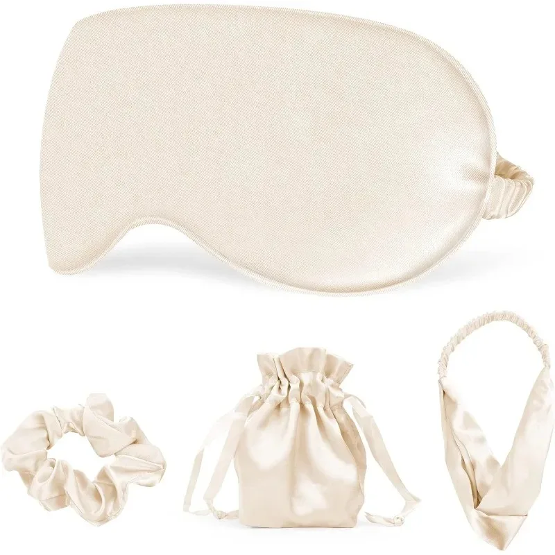 Schlafmaske Reise-Set Weich mit Haargummi Stirnband und Reisebeutel für Mädchen Damen 4-teilig Aprikot Image