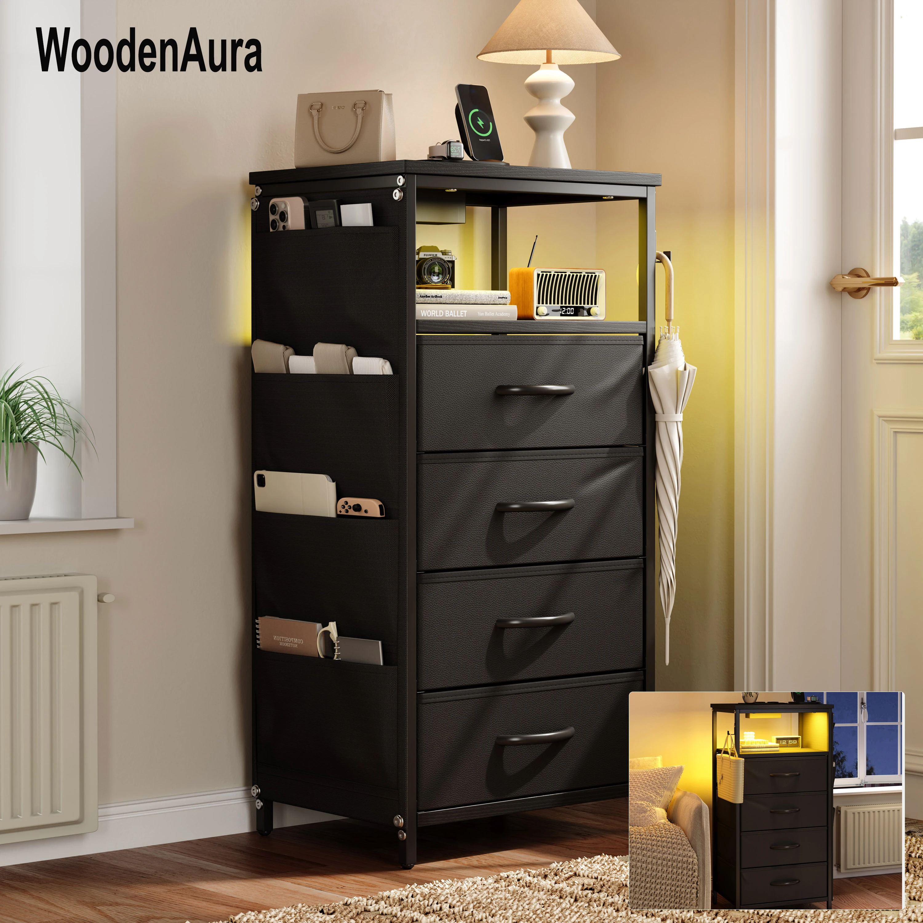Nachttisch mit LED Schubladen, hoher Nachtschrank mit 4 Stoffschubladen, 4 Etagen, für Schlafzimmer, Beistelltisch mit Stauraum Image