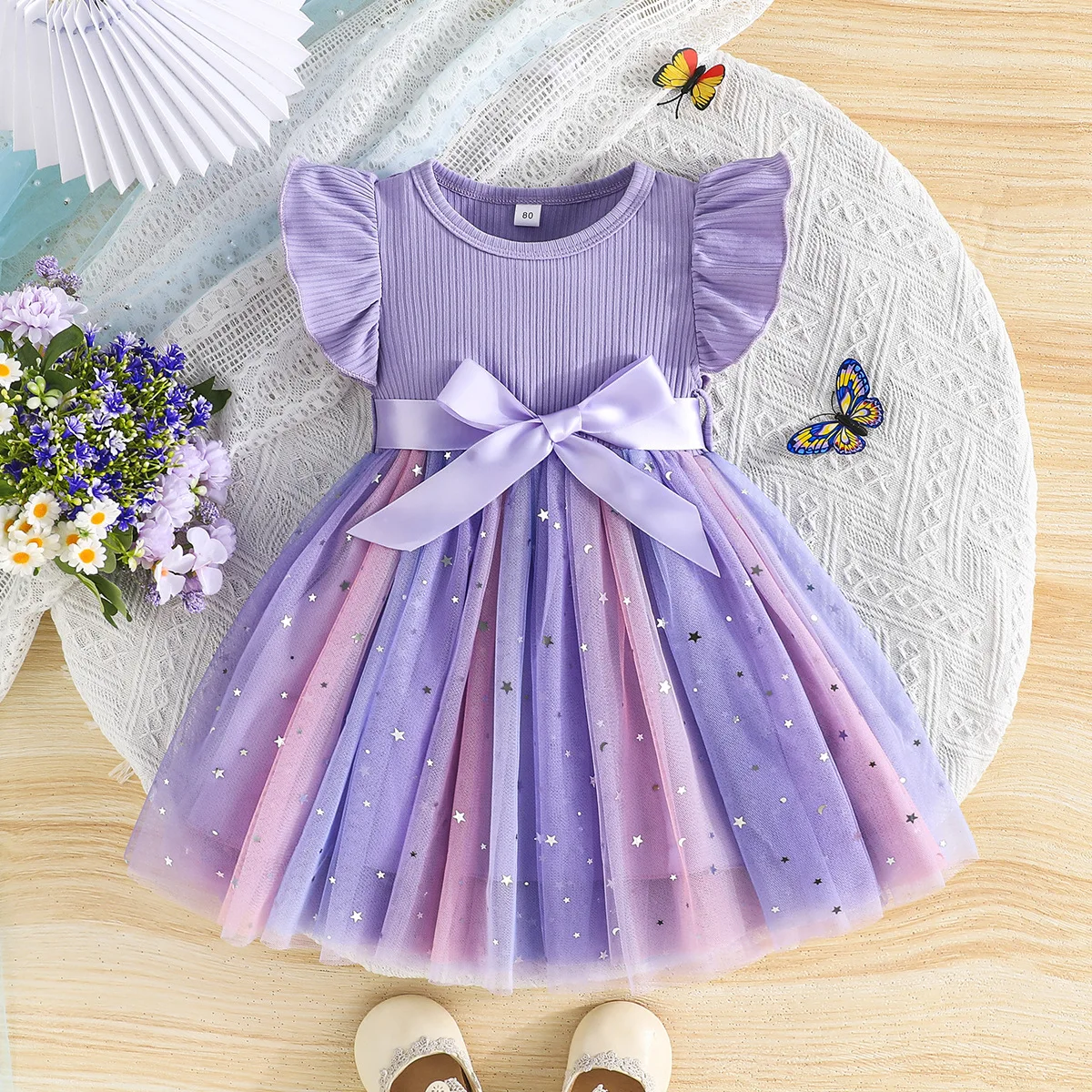 Süßes Baby-Mädchen-Kleid, Neues Sommer-Kleinkinder-Mesh-Tutu-Kleid mit Pailletten-Schleife, Kinder-Geburtstagsparty-Kleid, Tüll-Kleidung für Babymädchen Image