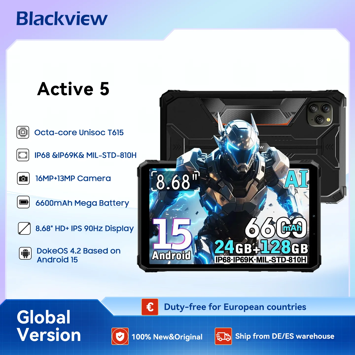 Robuster Blackview Active 5 Tablet-PC, 8,68'' HD+ 90 Hz, IP68/IP69K wasserdicht, Android 15 AI-Tablets, 8 GB + 128 GB, 6600 mAh/18 W Image