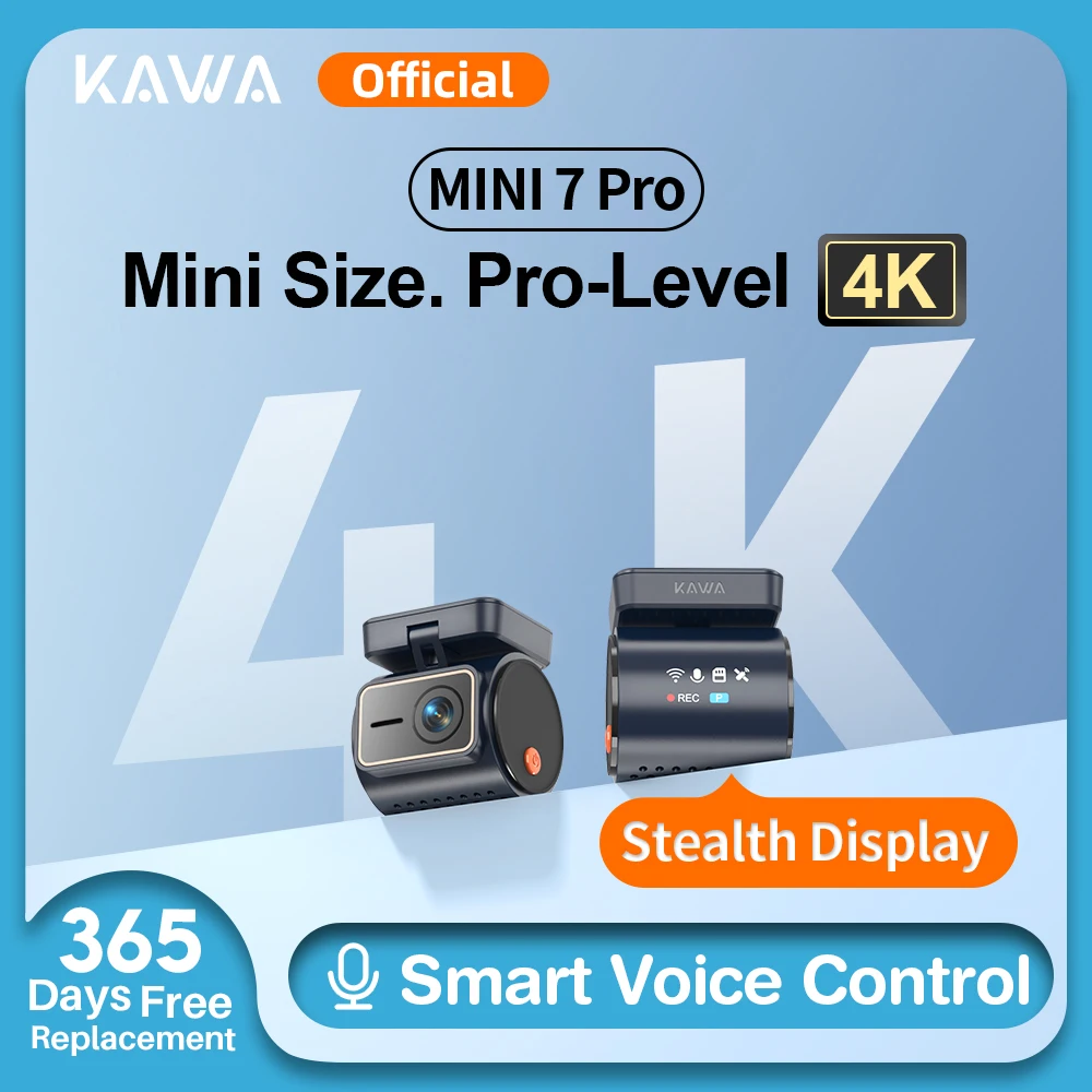 Caméra embarquée KAWA 4K MINI 7 Pro, caméra de voiture WiFi avec application/commande vocale/WIFI6/GPS, enregistreur vidéo automatique, dashcam, HDR, caméra embarquée