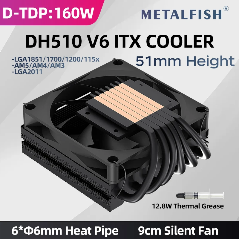 METALFISH DH510 Low Profile 6 Heatpipe CPU-Kühler 51 mm Höhe TDP160W Kühler für 1700/1200/115x/AM5 AM4 Mini ITX-Gehäuse Image