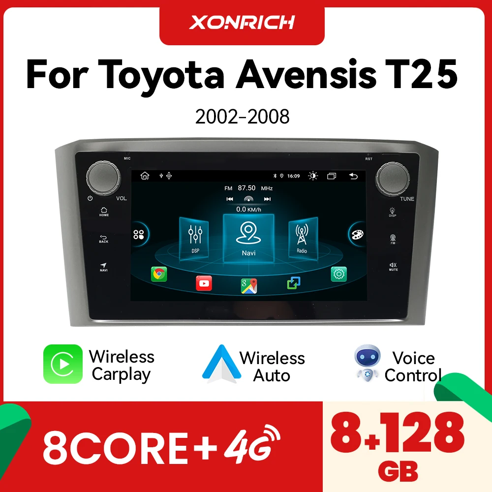 Android 15 Wireles CarPlay Auto Radio Player Für Toyota Avensis T25 2002-2008 Android AUTO Stereo Bluetooth Multimedia 2 DIN DSP Image