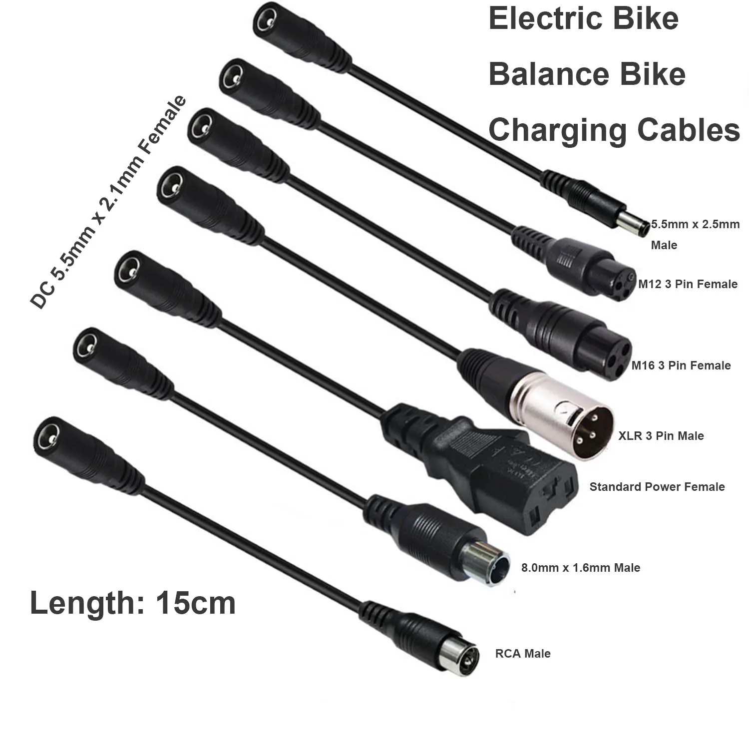 Cavo adattatore per caricabatterie per bici da equilibrio elettrico Kit connettore CC 7 in 1 Set da 5,5 mm x 2,1 mm femmina a 5,5 mm x 2,5 mm/8,0 mm x 1,6 mm/XLR